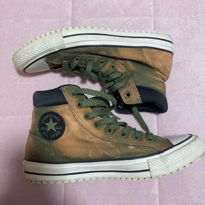 Converse high tops, bleached, green with black detailing.